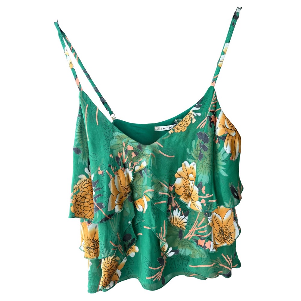 Alice & Olivia Vanessa Green Floral Silk Cami Size M Tiered Ruffle Top ASO TV - Picture 2 of 9